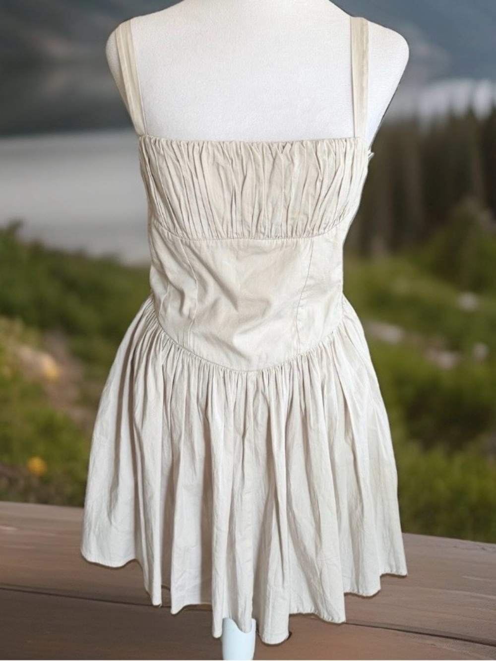 Zara Dress NEW Medium Beige Cotton Shirred Straps Sleeveless Mini Fit Flare Chic - Picture 2 of 16